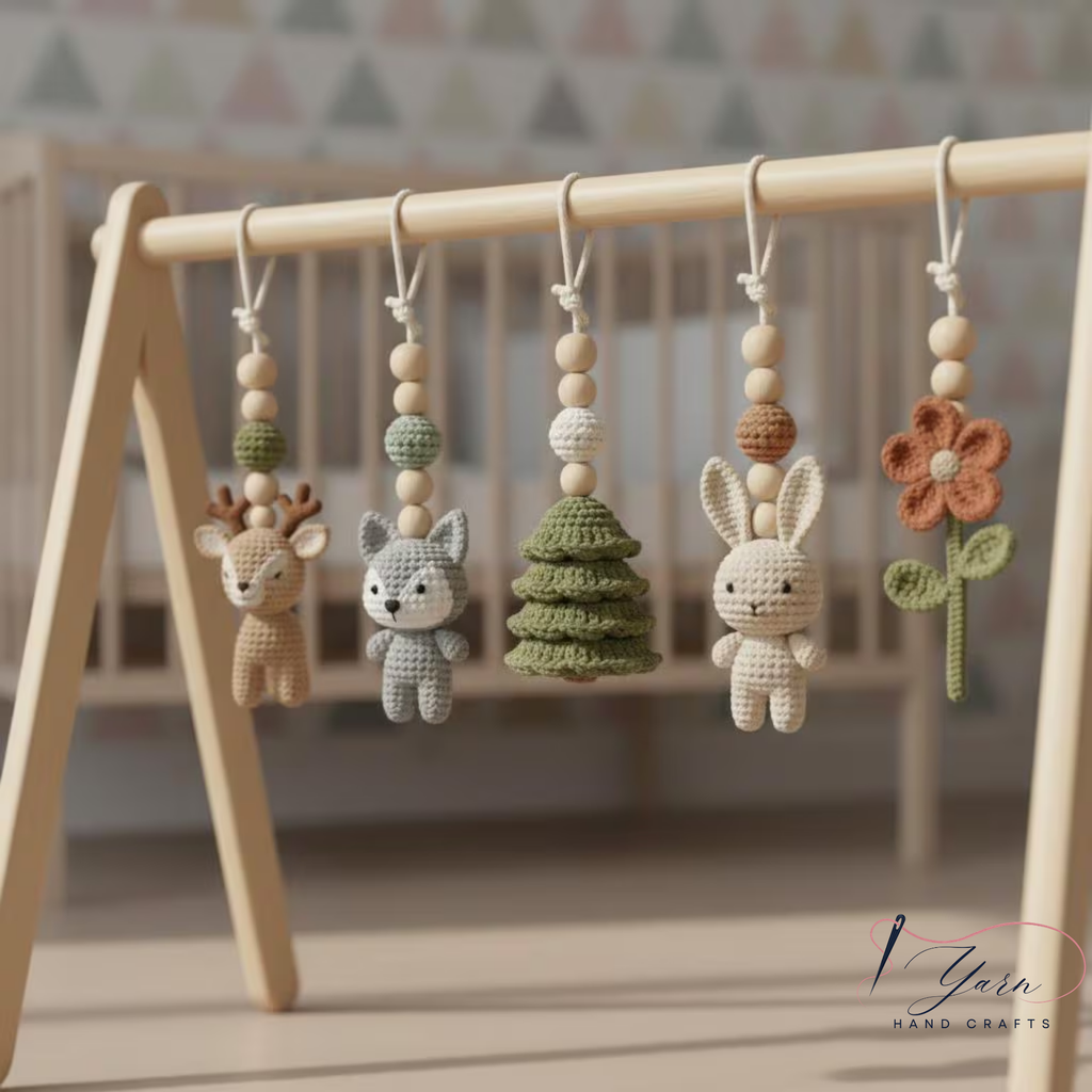 Handmade Custom Woodland Baby Gym, Personalized Wooden Play Gym with Crochet Forest Animals, Montessori Baby Activity Gym, Neutral Nursery Decor