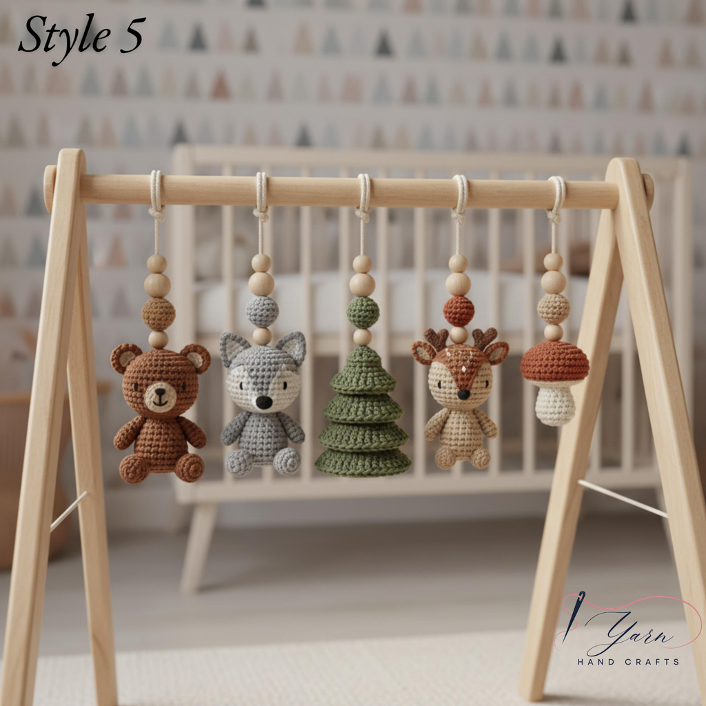 Handmade Custom Woodland Baby Gym, Personalized Wooden Play Gym with Crochet Forest Animals, Montessori Baby Activity Gym, Neutral Nursery Decor