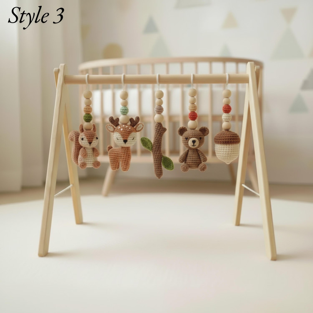 Handmade Custom Woodland Baby Gym, Personalized Wooden Play Gym with Crochet Forest Animals, Montessori Baby Activity Gym, Neutral Nursery Decor