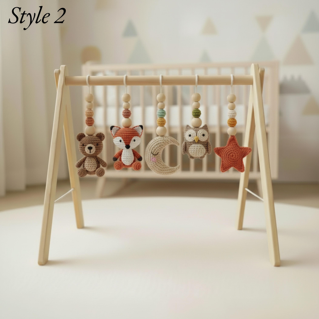 Handmade Custom Woodland Baby Gym, Personalized Wooden Play Gym with Crochet Forest Animals, Montessori Baby Activity Gym, Neutral Nursery Decor