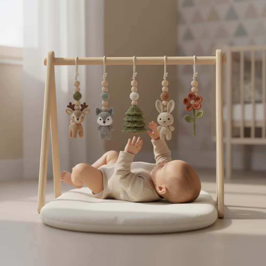 Handmade Custom Woodland Baby Gym, Personalized Wooden Play Gym with Crochet Forest Animals, Montessori Baby Activity Gym, Neutral Nursery Decor