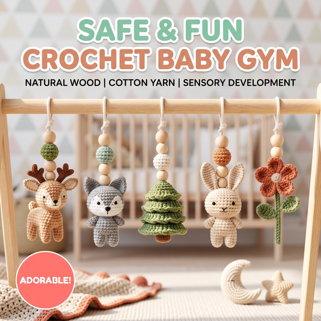 Handmade Custom Woodland Baby Gym, Personalized Wooden Play Gym with Crochet Forest Animals, Montessori Baby Activity Gym, Neutral Nursery Decor