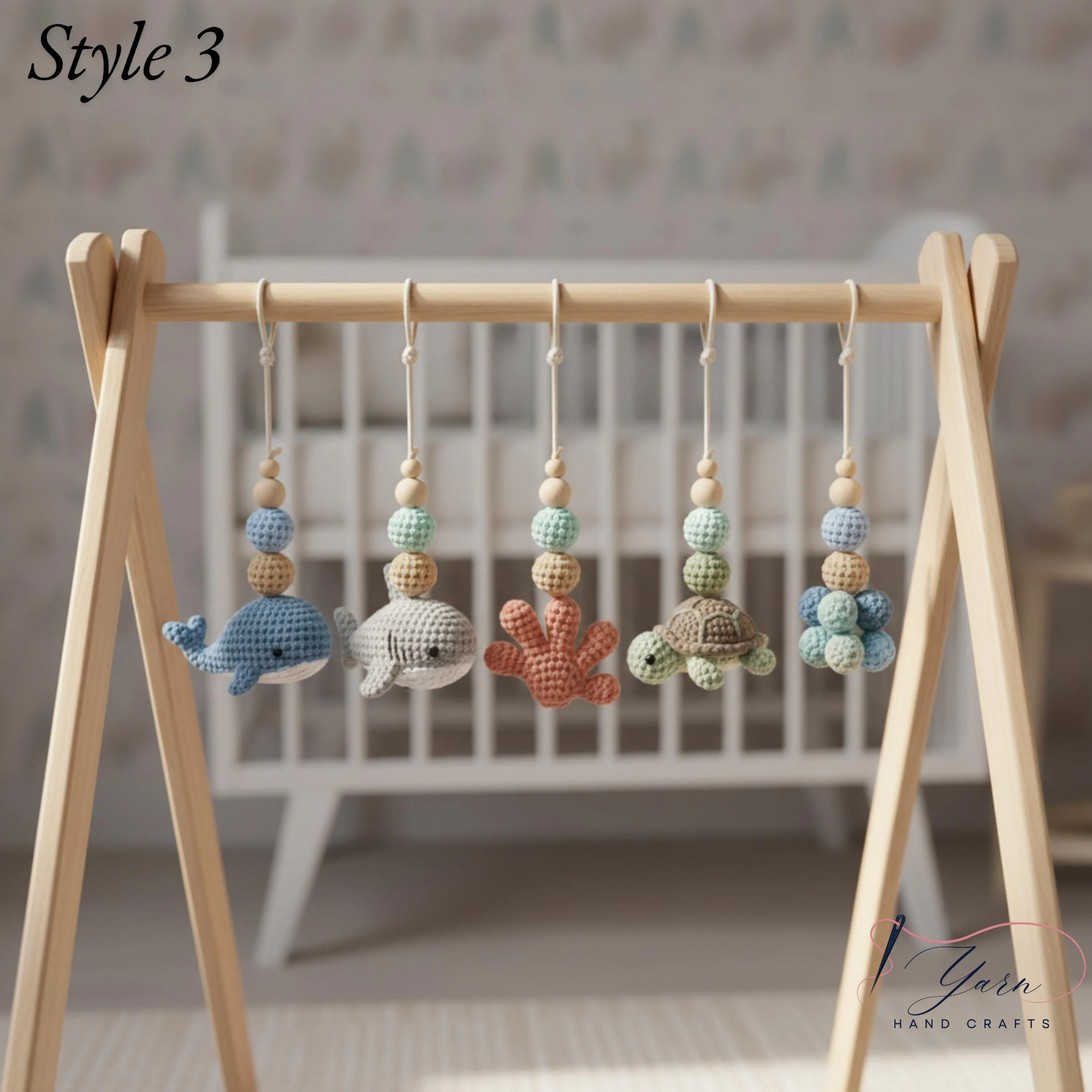 Handmade Custom Ocean Baby Gym | Personalized Wooden Play Gym with Crochet Sea Theme Toys | Neutral Montessori Nursery Decor