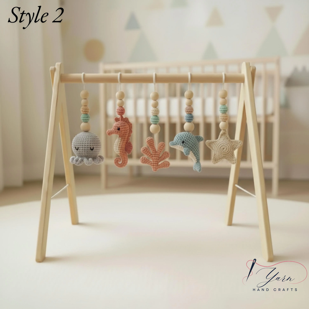 Handmade Custom Ocean Baby Gym | Personalized Wooden Play Gym with Crochet Sea Theme Toys | Neutral Montessori Nursery Decor