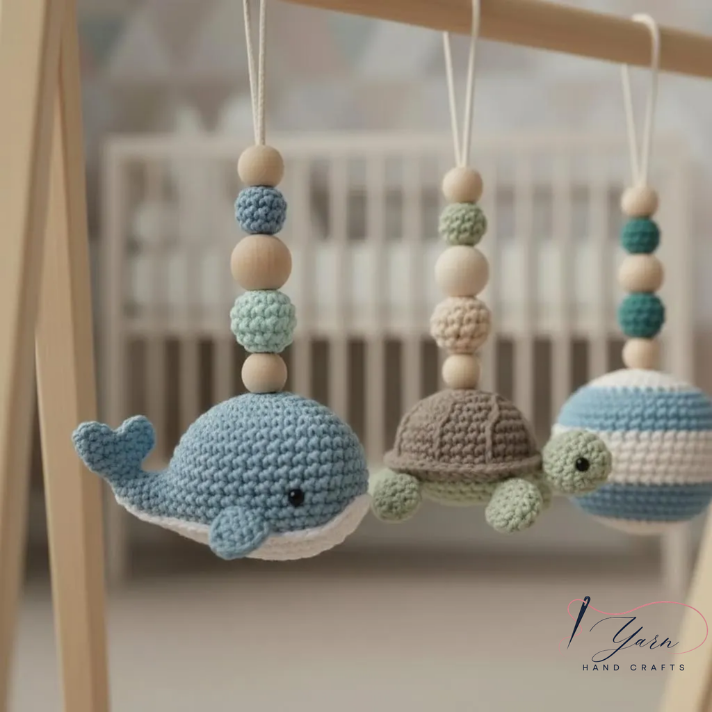 Handmade Custom Ocean Baby Gym | Personalized Wooden Play Gym with Crochet Sea Theme Toys | Neutral Montessori Nursery Decor