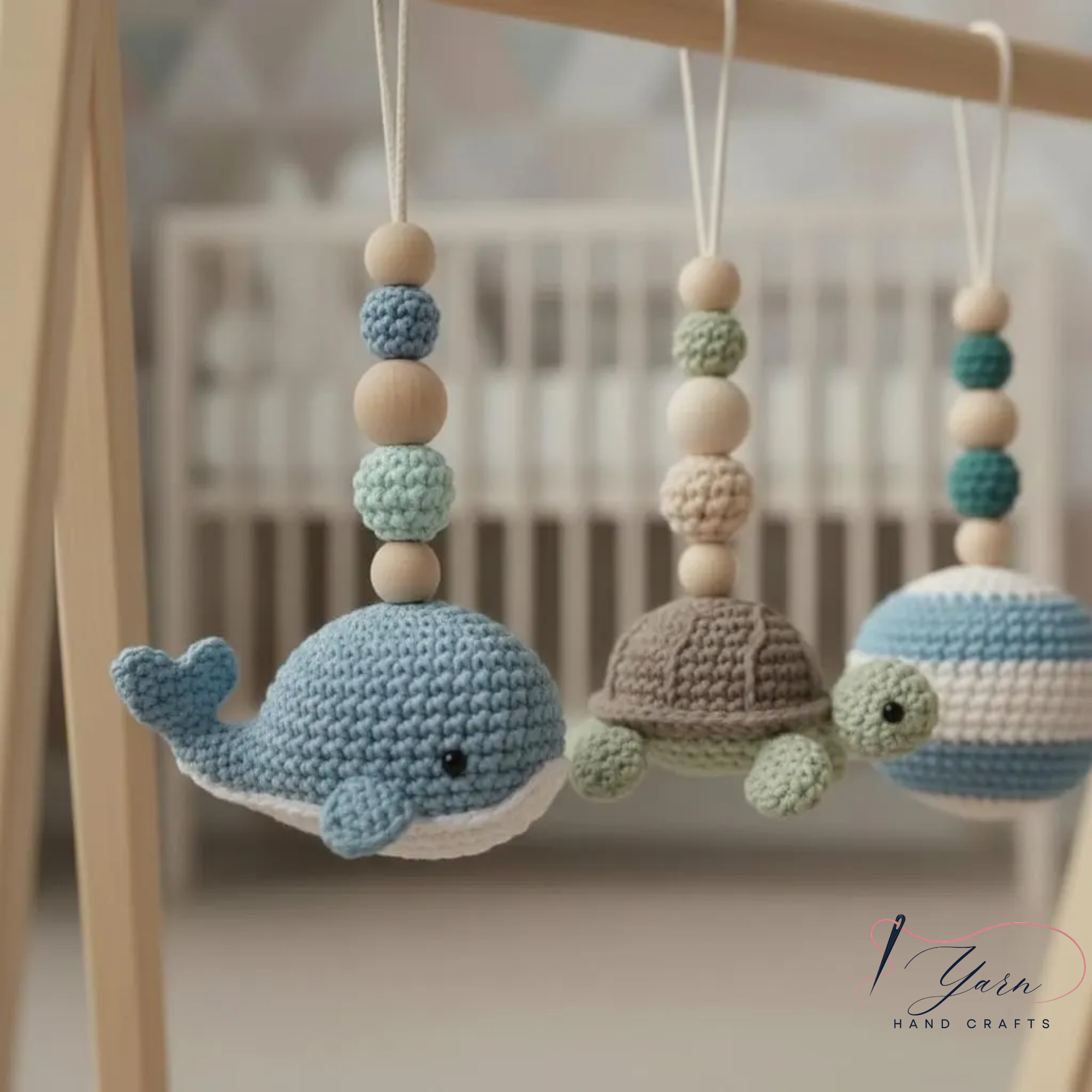 Handmade Custom Ocean Baby Gym | Personalized Wooden Play Gym with Crochet Sea Theme Toys | Neutral Montessori Nursery Decor