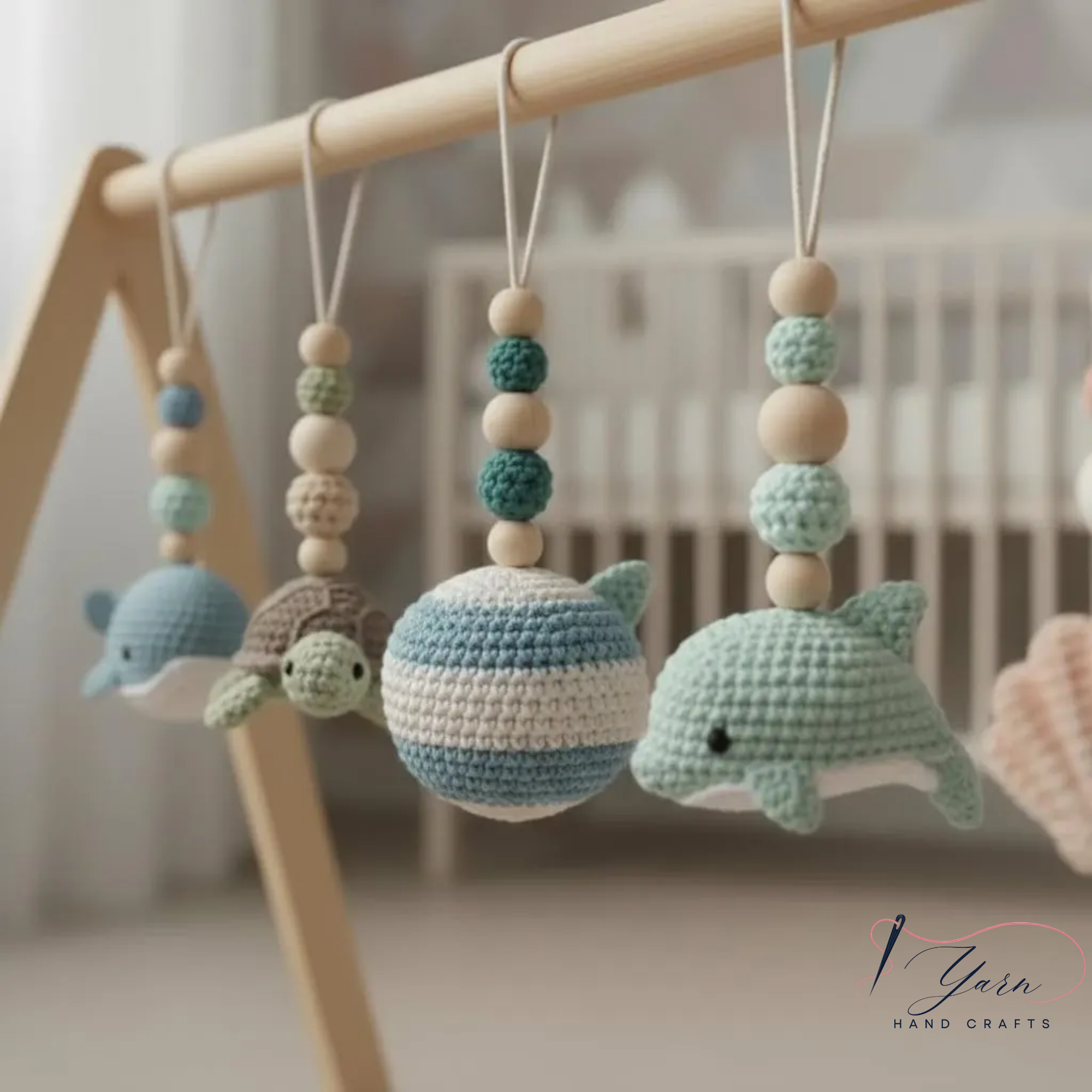 Handmade Custom Ocean Baby Gym | Personalized Wooden Play Gym with Crochet Sea Theme Toys | Neutral Montessori Nursery Decor