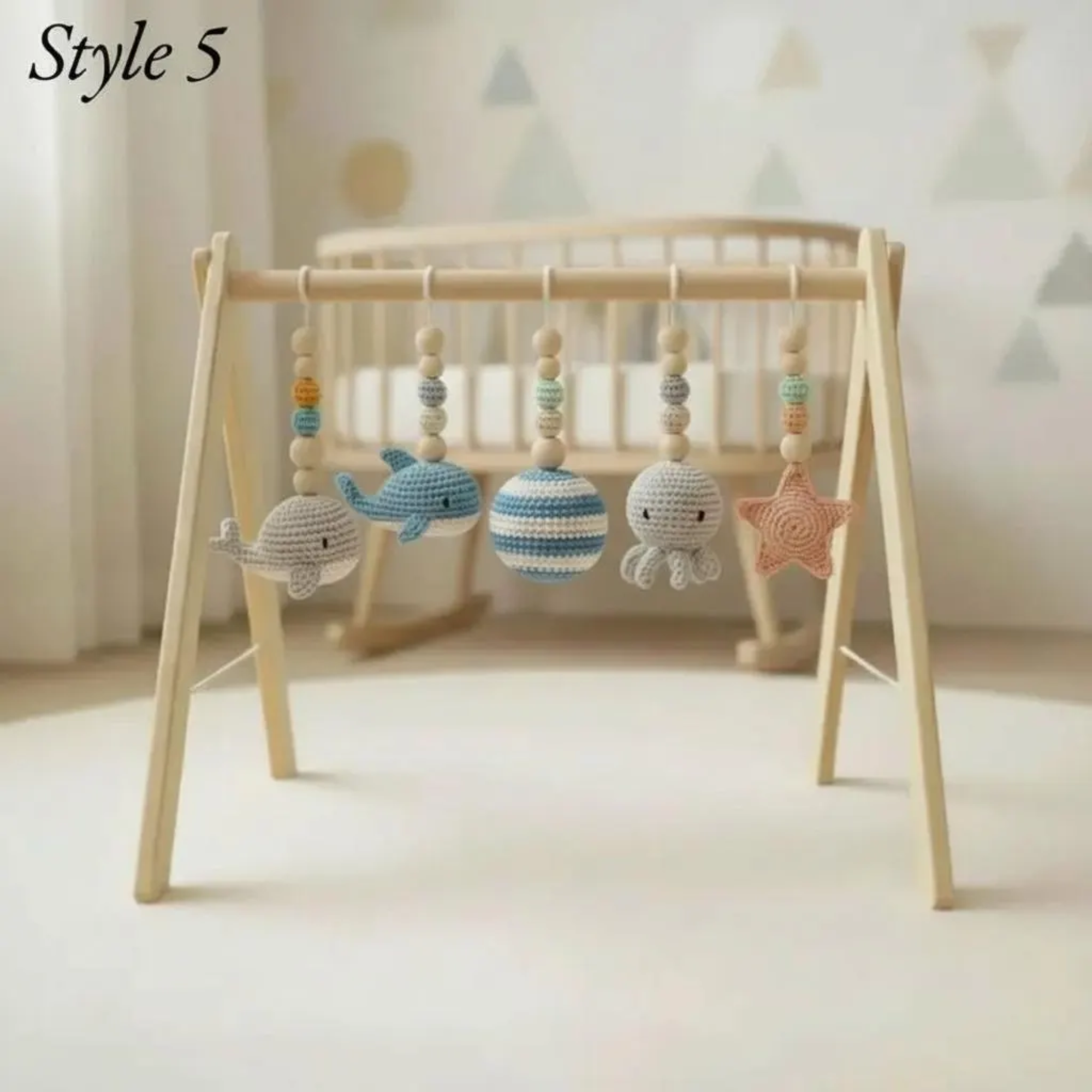 Handmade Custom Ocean Baby Gym | Personalized Wooden Play Gym with Crochet Sea Theme Toys | Neutral Montessori Nursery Decor