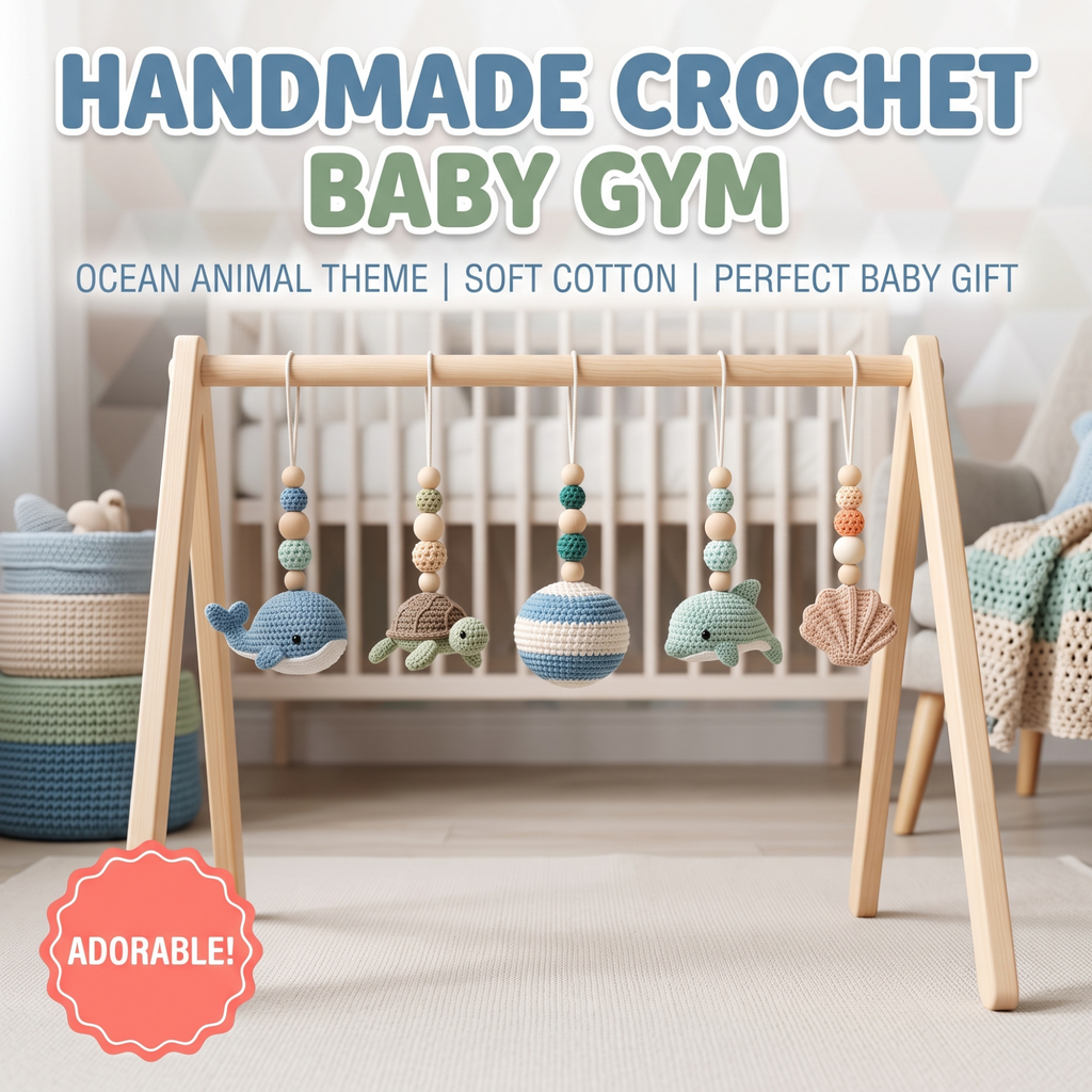 Handmade Custom Ocean Baby Gym | Personalized Wooden Play Gym with Crochet Sea Theme Toys | Neutral Montessori Nursery Decor