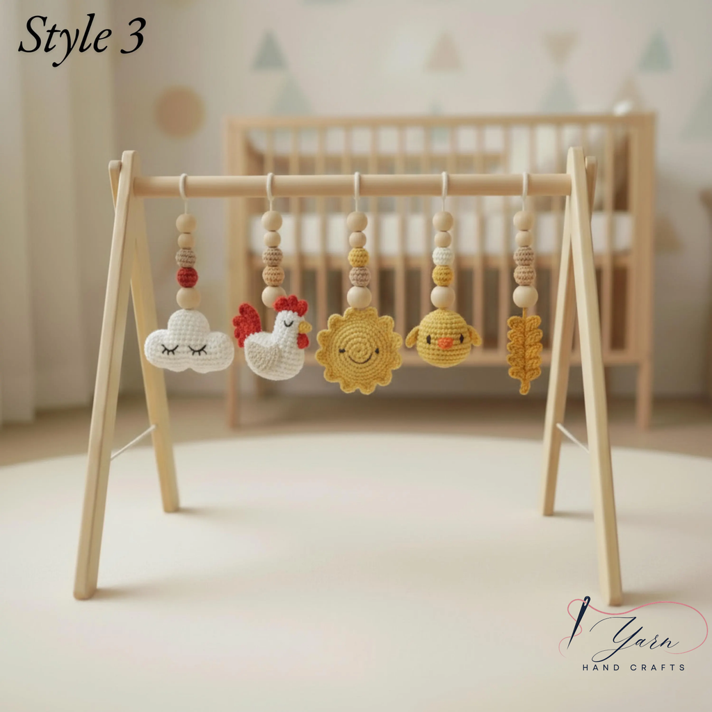 Handmade Baby Play Gym Toys | Custom Crochet Farm Baby Gym Hanging Toys | Montessori Wooden Baby Gym Toy Set | Neutral Nursery Decor | Baby Gift