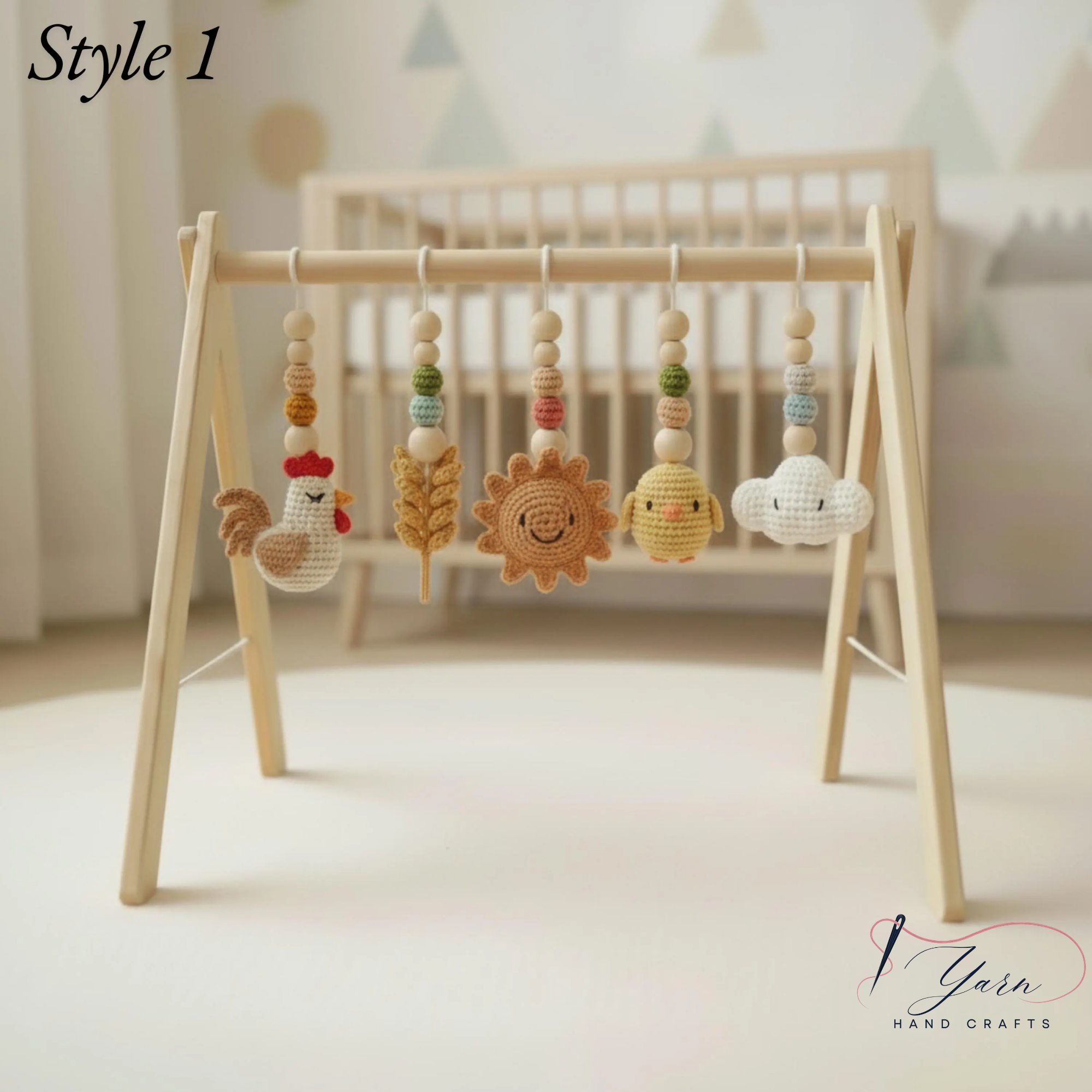 Handmade Baby Play Gym Toys | Custom Crochet Farm Baby Gym Hanging Toys | Montessori Wooden Baby Gym Toy Set | Neutral Nursery Decor | Baby Gift
