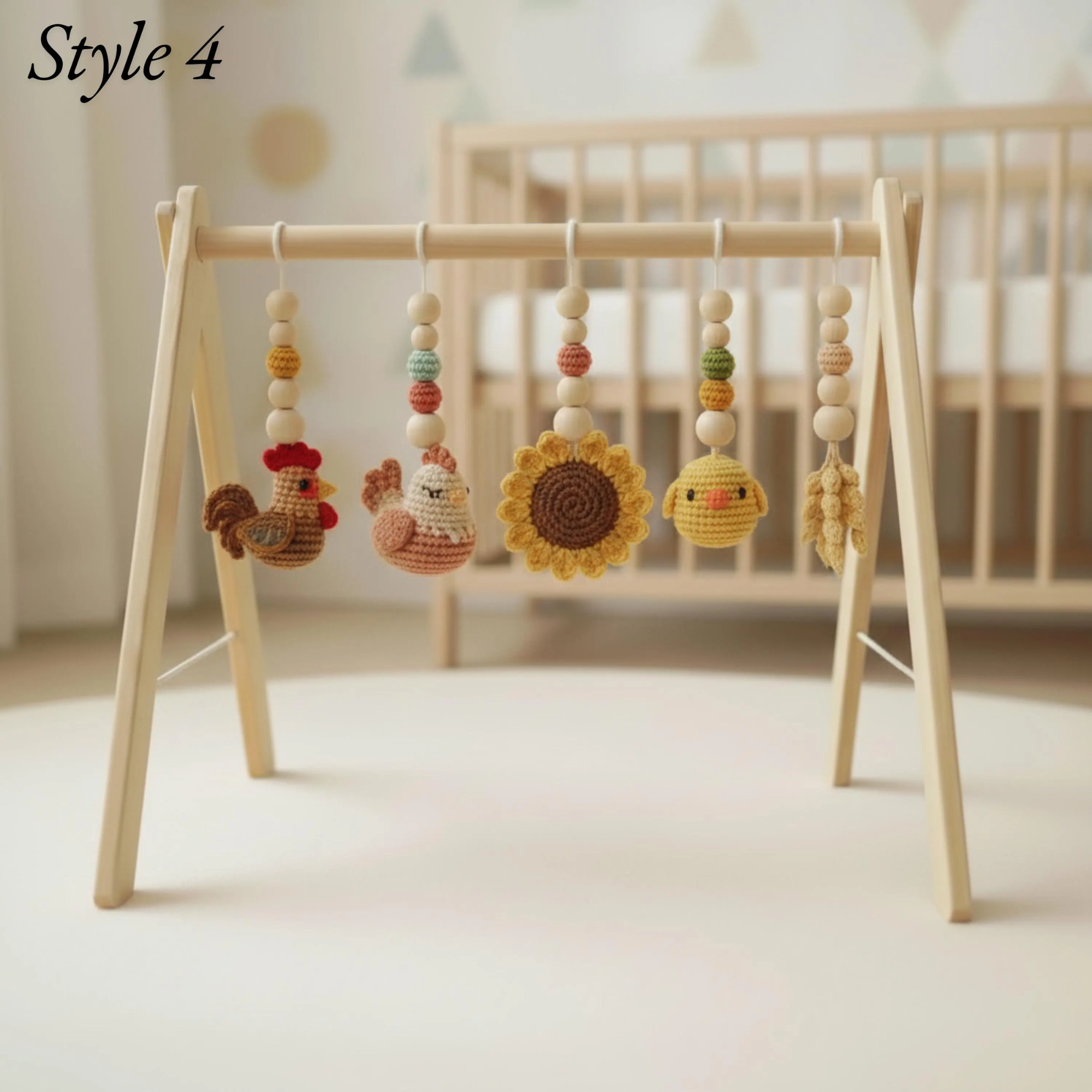 Handmade Baby Play Gym Toys | Custom Crochet Farm Baby Gym Hanging Toys | Montessori Wooden Baby Gym Toy Set | Neutral Nursery Decor | Baby Gift