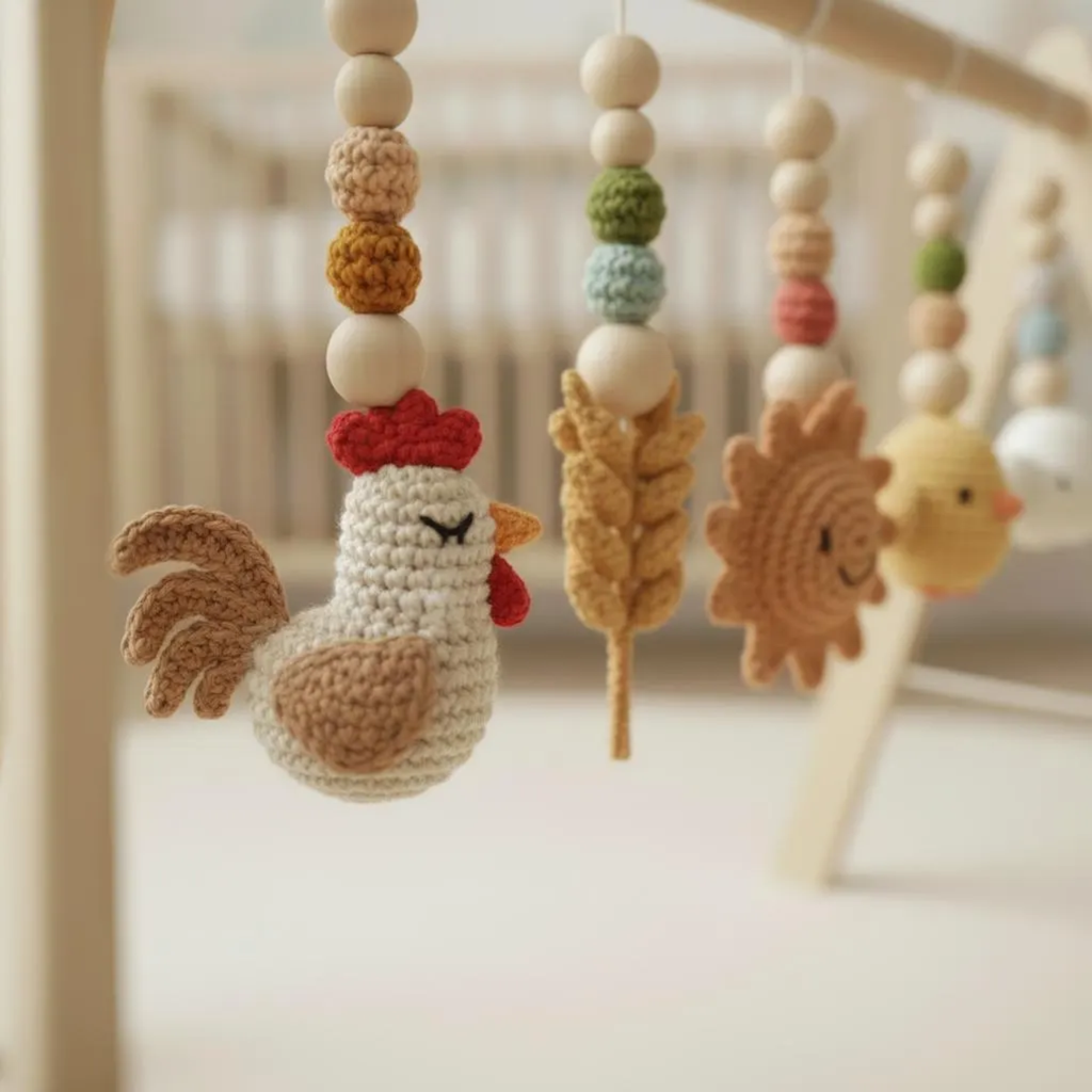 Handmade Baby Play Gym Toys | Custom Crochet Farm Baby Gym Hanging Toys | Montessori Wooden Baby Gym Toy Set | Neutral Nursery Decor | Baby Gift