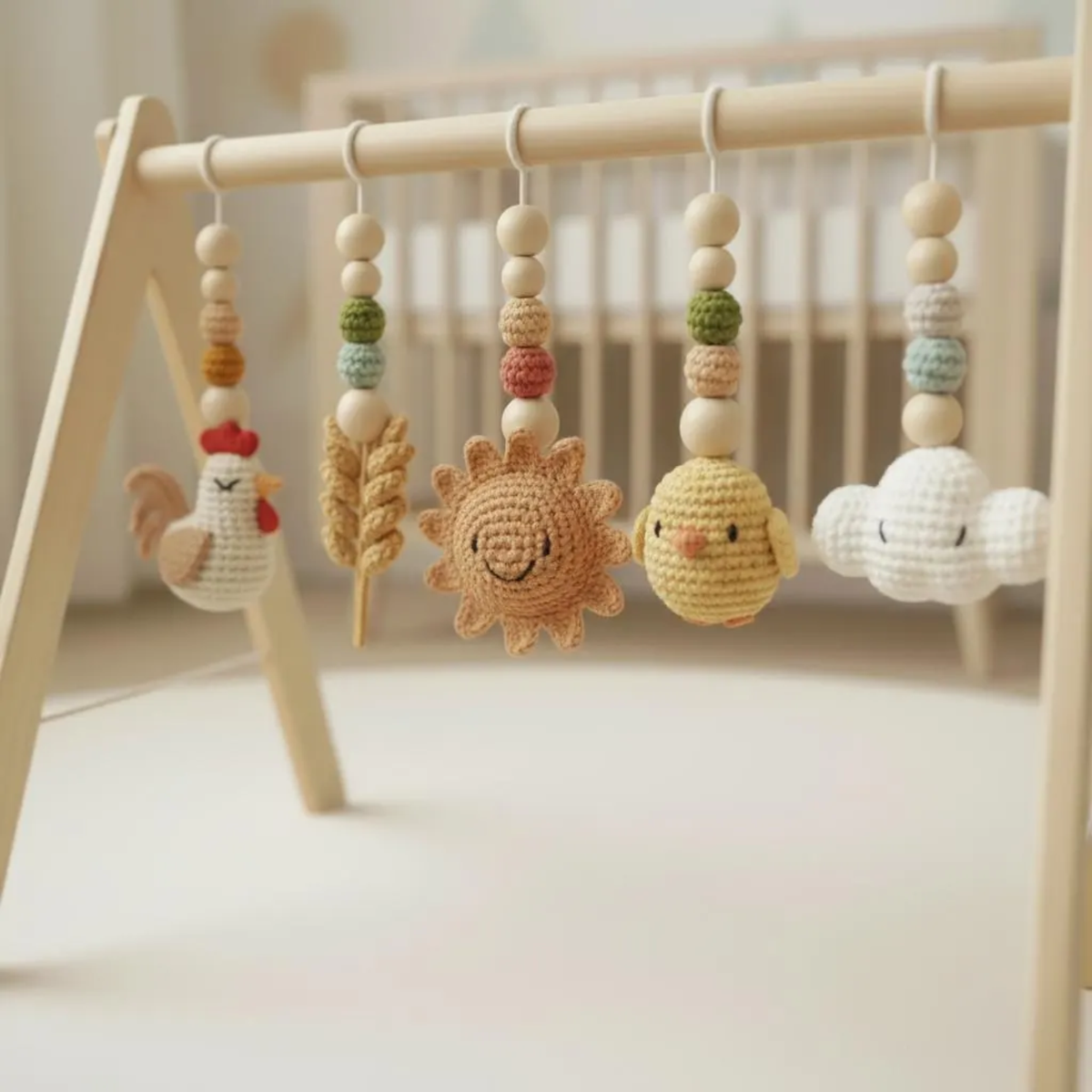 Farm crochet baby gym toys with rooster wheat sun chick and cloud