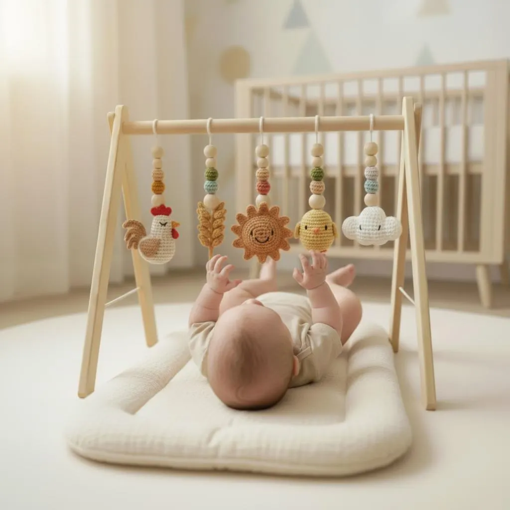Handmade Baby Play Gym Toys | Custom Crochet Farm Baby Gym Hanging Toys | Montessori Wooden Baby Gym Toy Set | Neutral Nursery Decor | Baby Gift