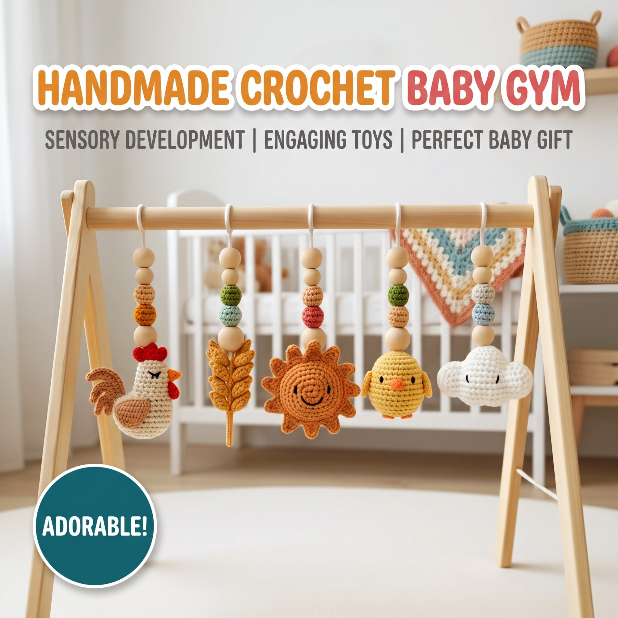 Handmade Baby Play Gym Toys | Custom Crochet Farm Baby Gym Hanging Toys | Montessori Wooden Baby Gym Toy Set | Neutral Nursery Decor | Baby Gift