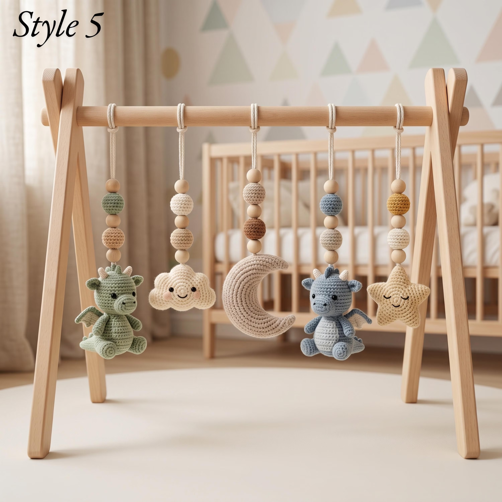 Handmade Custom Dragon Baby Play Gym, Crochet Montessori Baby Gym Toys, Wooden Activity Gym, Neutral Nursery Decor, Baby Shower Gift