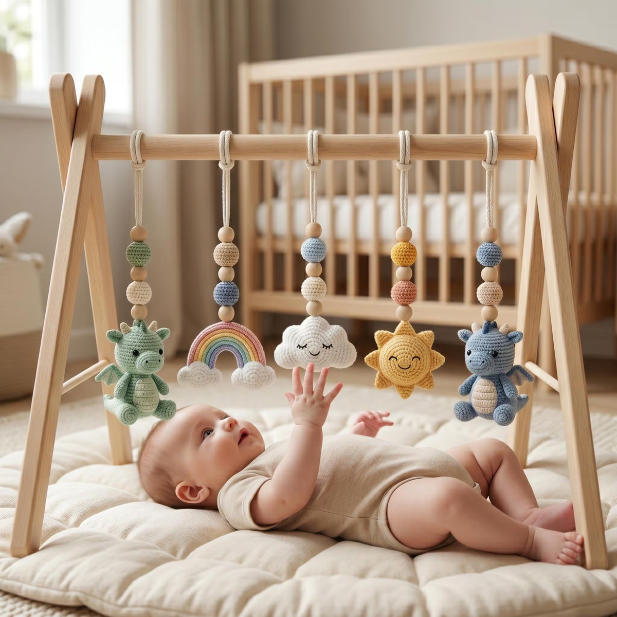 Pastel dragon rainbow crochet baby gym toys with cloud and smiling sun