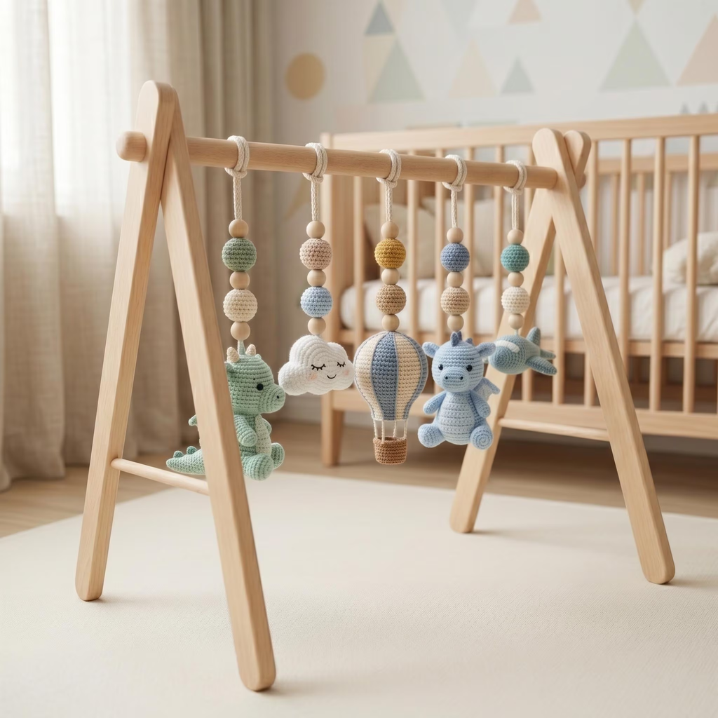 Handmade Custom Dragon Baby Play Gym, Crochet Montessori Baby Gym Toys, Wooden Activity Gym, Neutral Nursery Decor, Baby Shower Gift