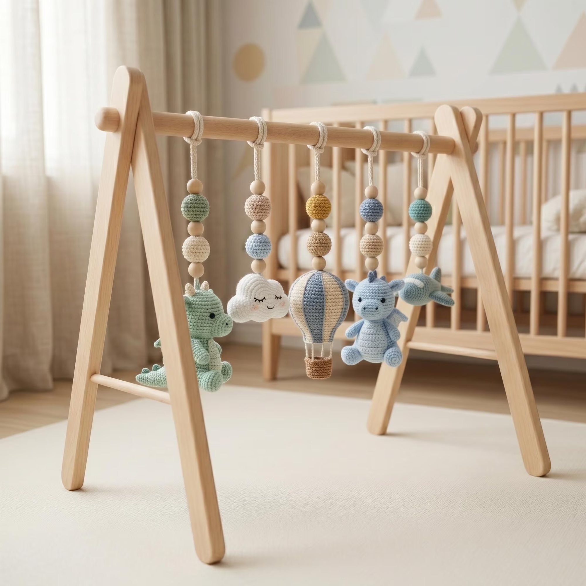 Handmade Custom Dragon Baby Play Gym, Crochet Montessori Baby Gym Toys, Wooden Activity Gym, Neutral Nursery Decor, Baby Shower Gift