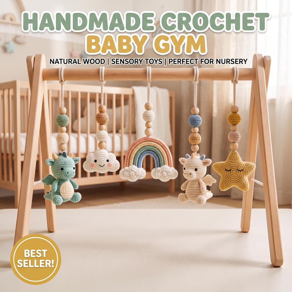 Handmade Custom Dragon Baby Play Gym, Crochet Montessori Baby Gym Toys, Wooden Activity Gym, Neutral Nursery Decor, Baby Shower Gift