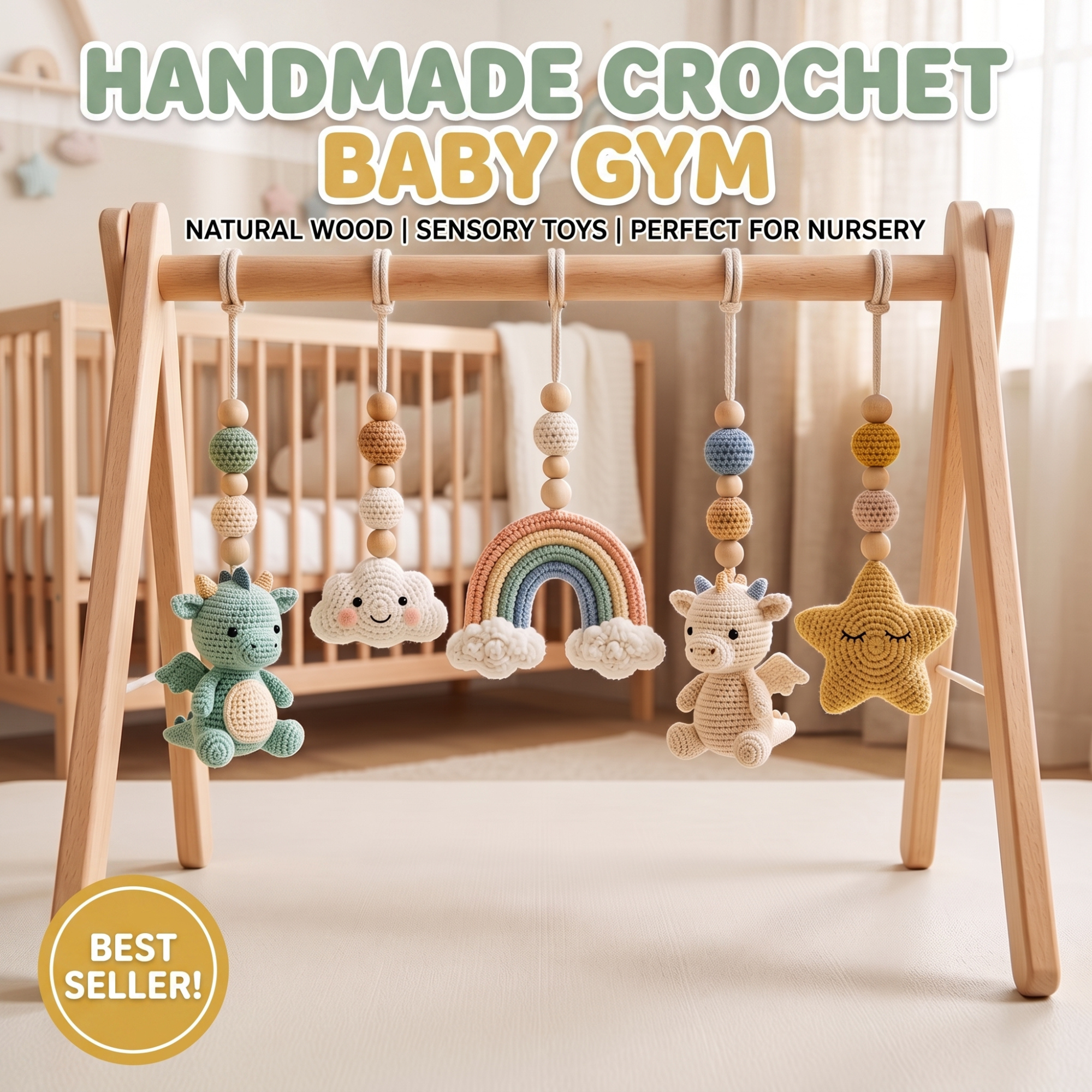 Handmade Custom Dragon Baby Play Gym, Crochet Montessori Baby Gym Toys, Wooden Activity Gym, Neutral Nursery Decor, Baby Shower Gift