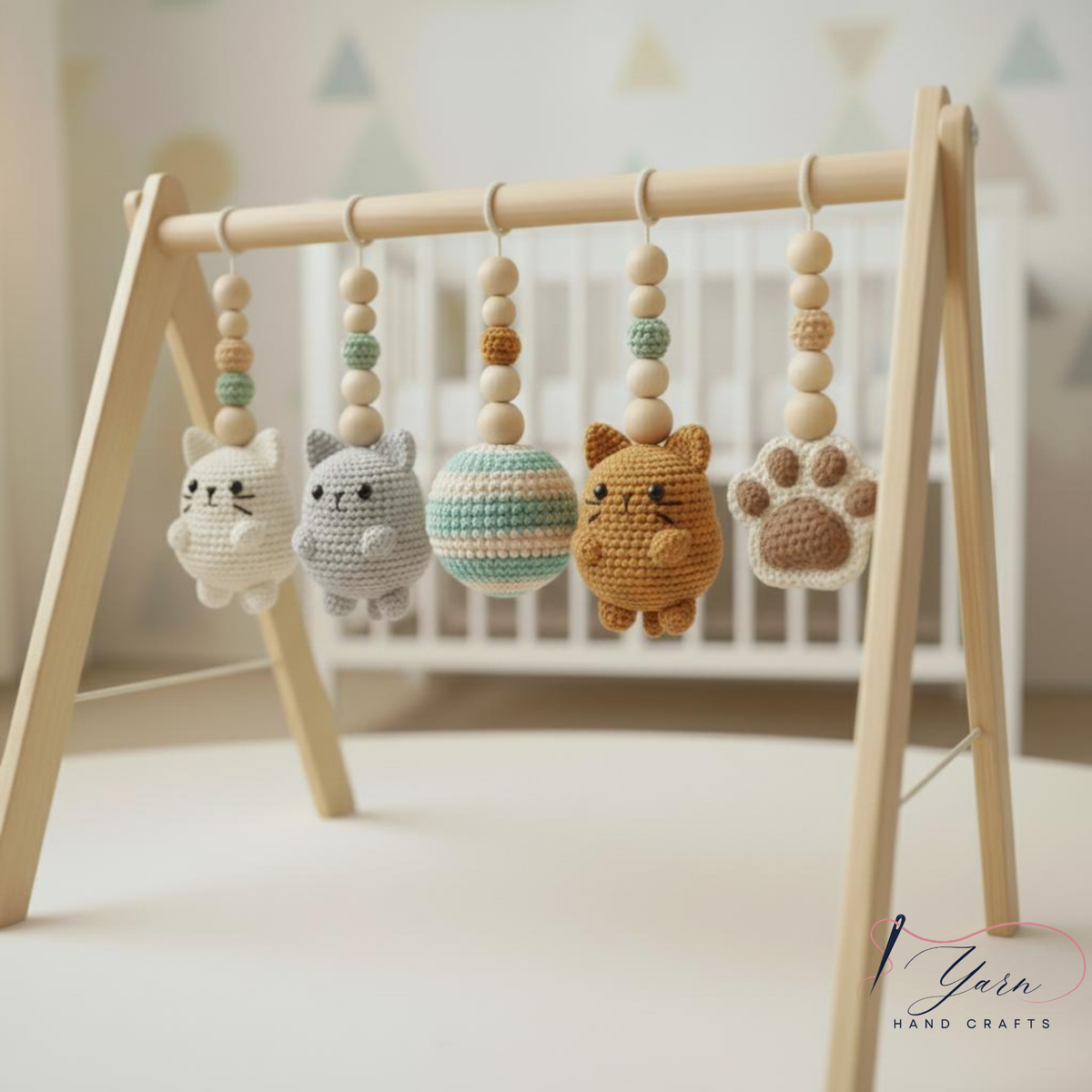 Crochet cat baby gym toys with cats striped ball and paw print