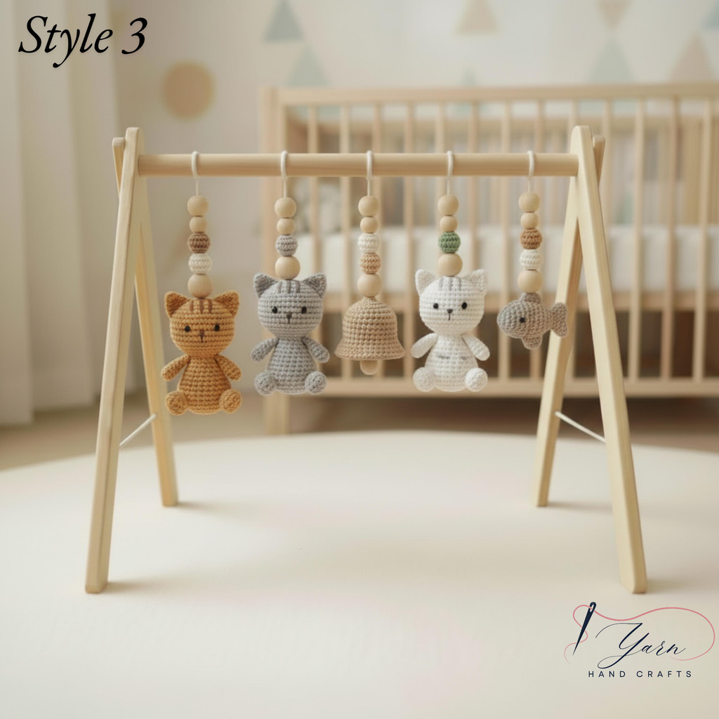 Handmade Cat Baby Gym | Wooden Baby Play Gym with Crochet Kitten Toys | Montessori Baby Activity Gym | Neutral Nursery Decor | Baby Gift