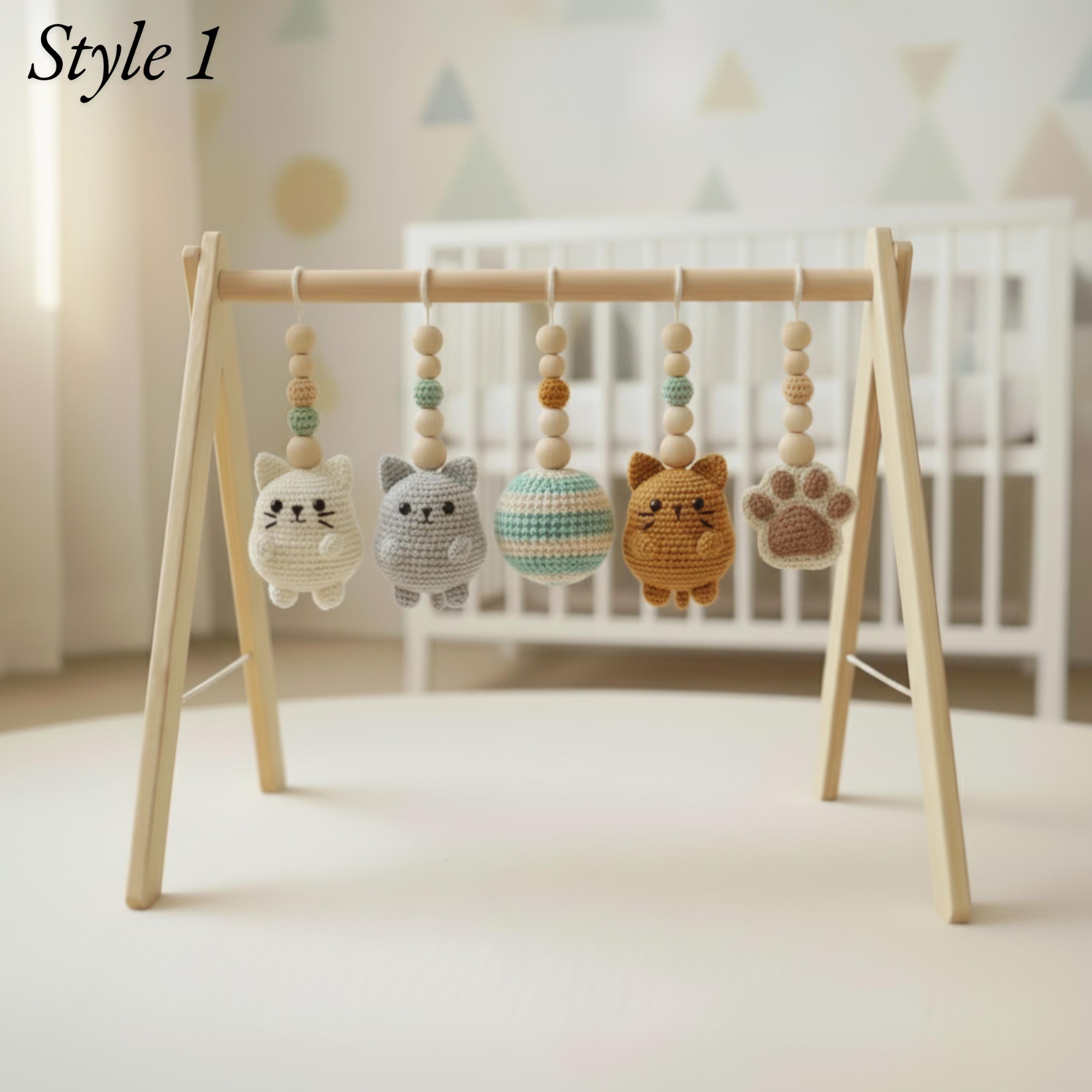 Handmade Cat Baby Gym | Wooden Baby Play Gym with Crochet Kitten Toys | Montessori Baby Activity Gym | Neutral Nursery Decor | Baby Gift