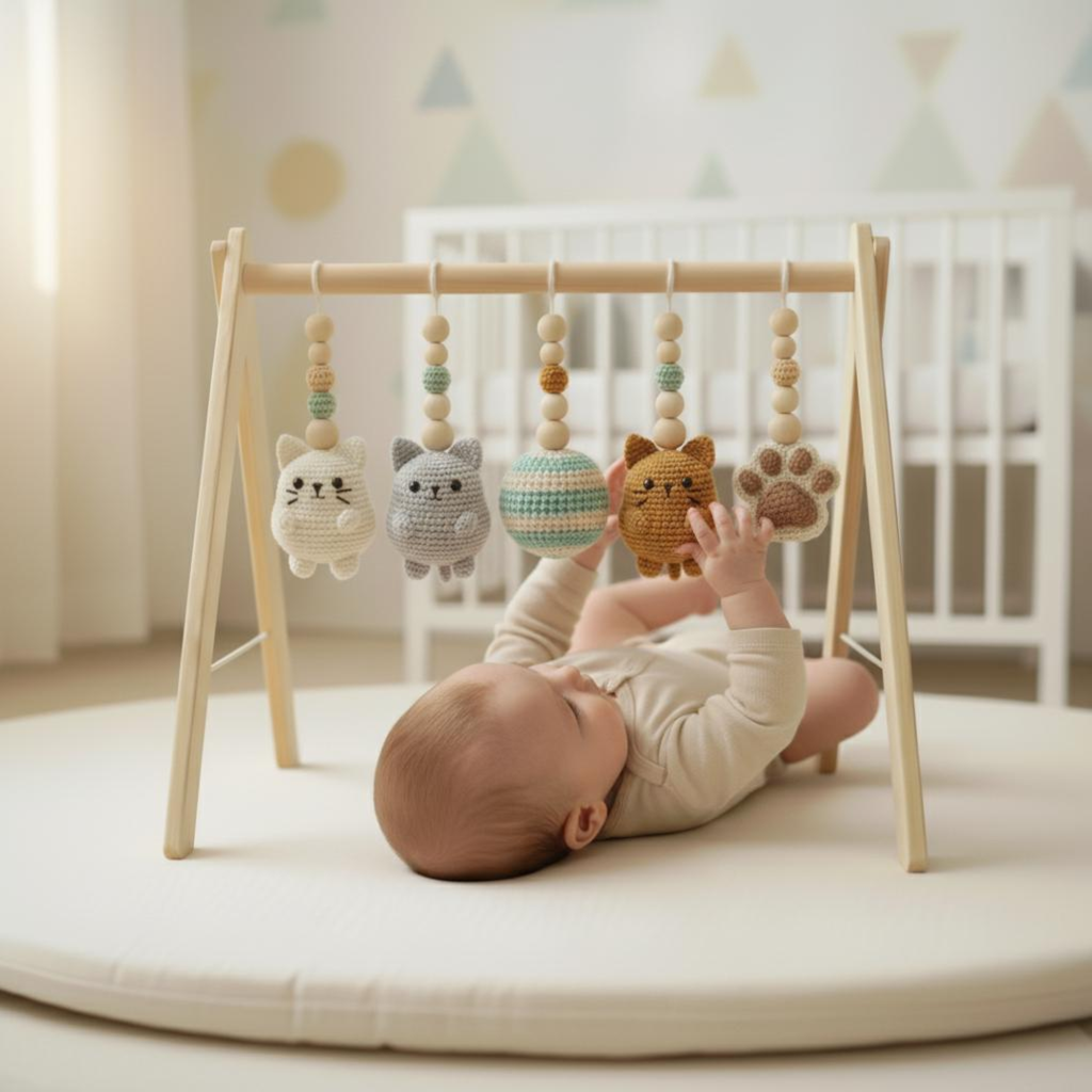 Handmade Cat Baby Gym | Wooden Baby Play Gym with Crochet Kitten Toys | Montessori Baby Activity Gym | Neutral Nursery Decor | Baby Gift