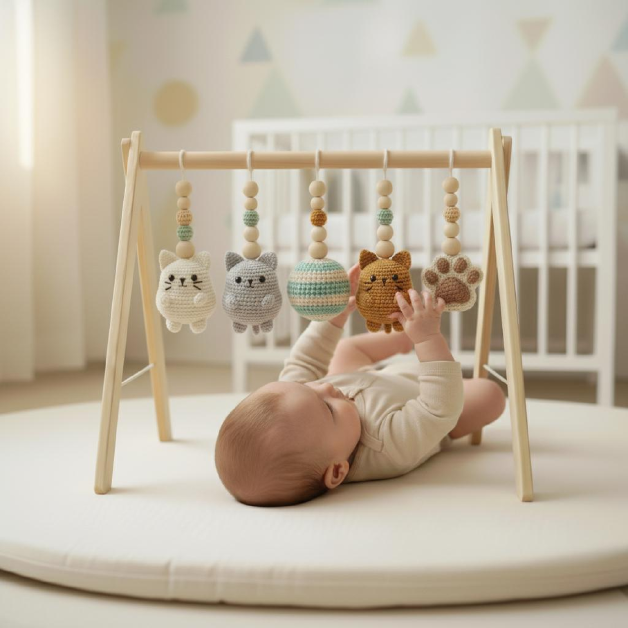 Handmade Cat Baby Gym | Wooden Baby Play Gym with Crochet Kitten Toys | Montessori Baby Activity Gym | Neutral Nursery Decor | Baby Gift
