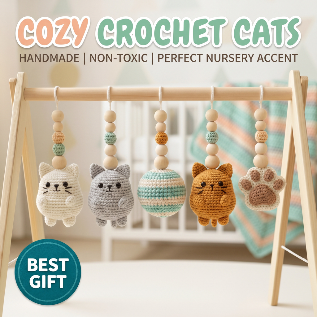 Handmade Cat Baby Gym | Wooden Baby Play Gym with Crochet Kitten Toys | Montessori Baby Activity Gym | Neutral Nursery Decor | Baby Gift