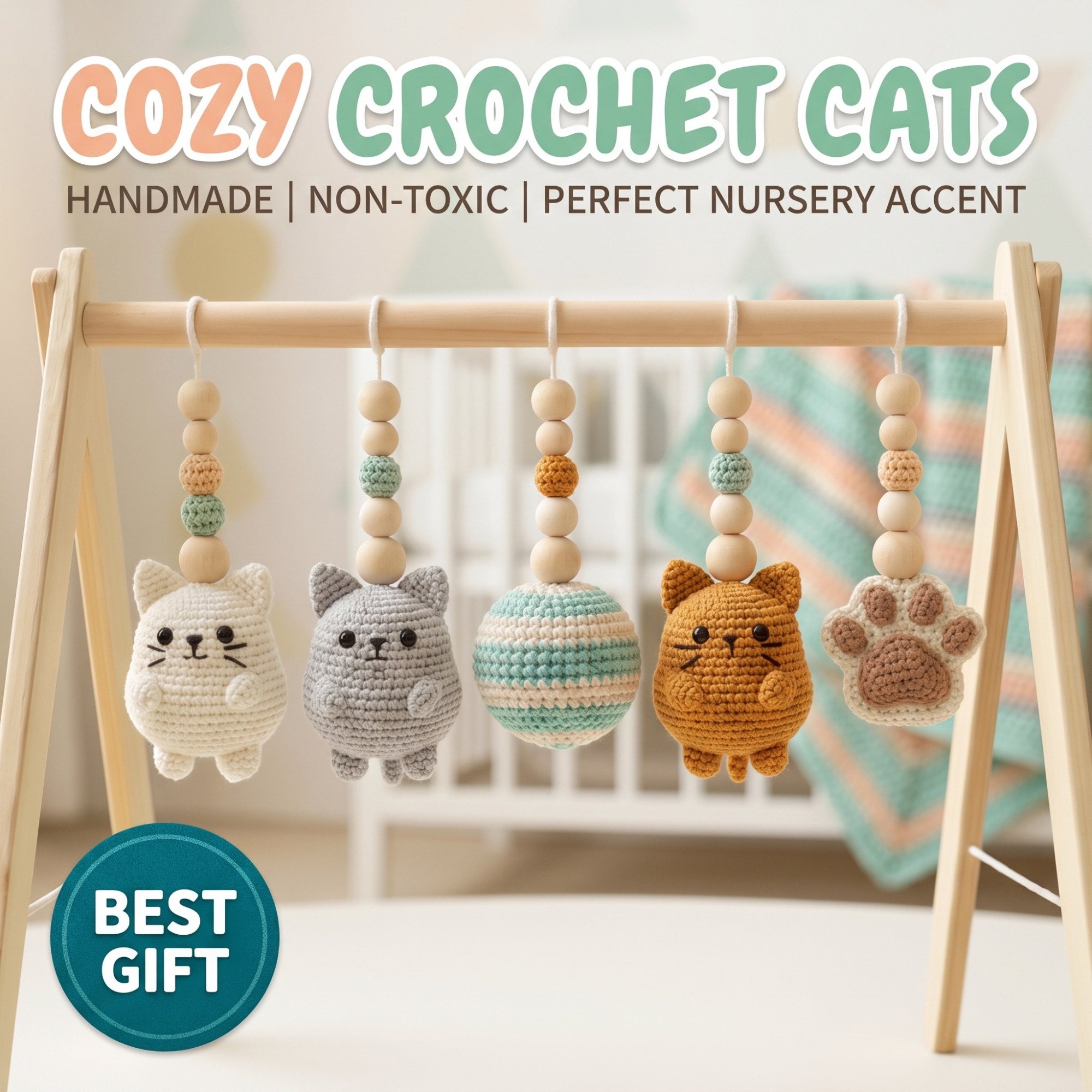 Handmade Cat Baby Gym | Wooden Baby Play Gym with Crochet Kitten Toys | Montessori Baby Activity Gym | Neutral Nursery Decor | Baby Gift