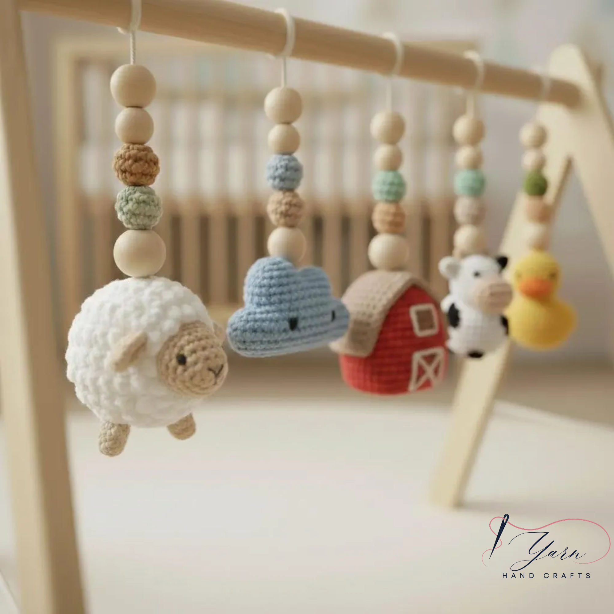 Handmade Custom Farm Theme Baby Gym, Wooden Baby Play Gym with Crochet Farm Animals, Montessori Activity Gym, Neutral Nursery Decor, Baby Shower Gift