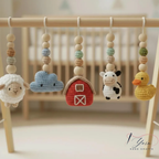 Handmade Custom Farm Theme Baby Gym, Wooden Baby Play Gym with Crochet Farm Animals, Montessori Activity Gym, Neutral Nursery Decor, Baby Shower Gift