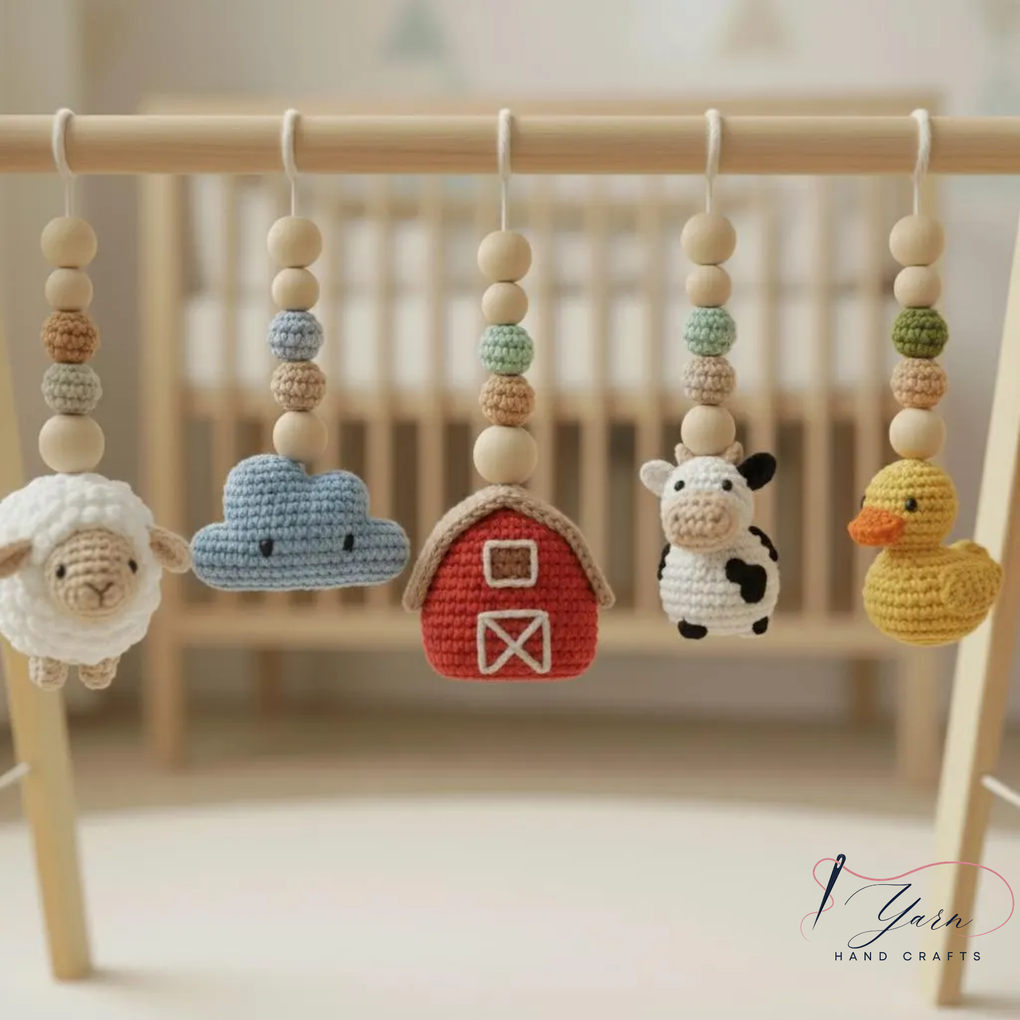 Handmade Custom Farm Theme Baby Gym, Wooden Baby Play Gym with Crochet Farm Animals, Montessori Activity Gym, Neutral Nursery Decor, Baby Shower Gift
