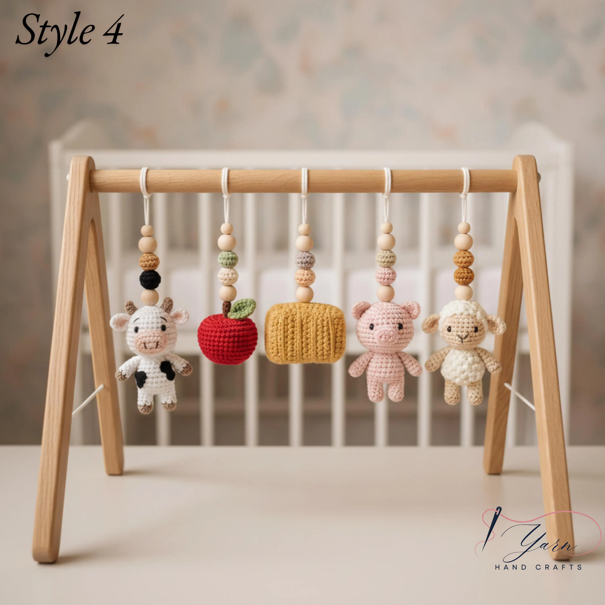 Handmade Custom Farm Theme Baby Gym, Wooden Baby Play Gym with Crochet Farm Animals, Montessori Activity Gym, Neutral Nursery Decor, Baby Shower Gift