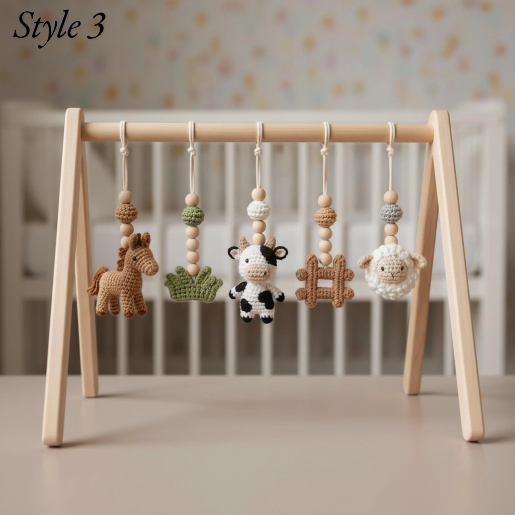 Handmade Custom Farm Theme Baby Gym, Wooden Baby Play Gym with Crochet Farm Animals, Montessori Activity Gym, Neutral Nursery Decor, Baby Shower Gift