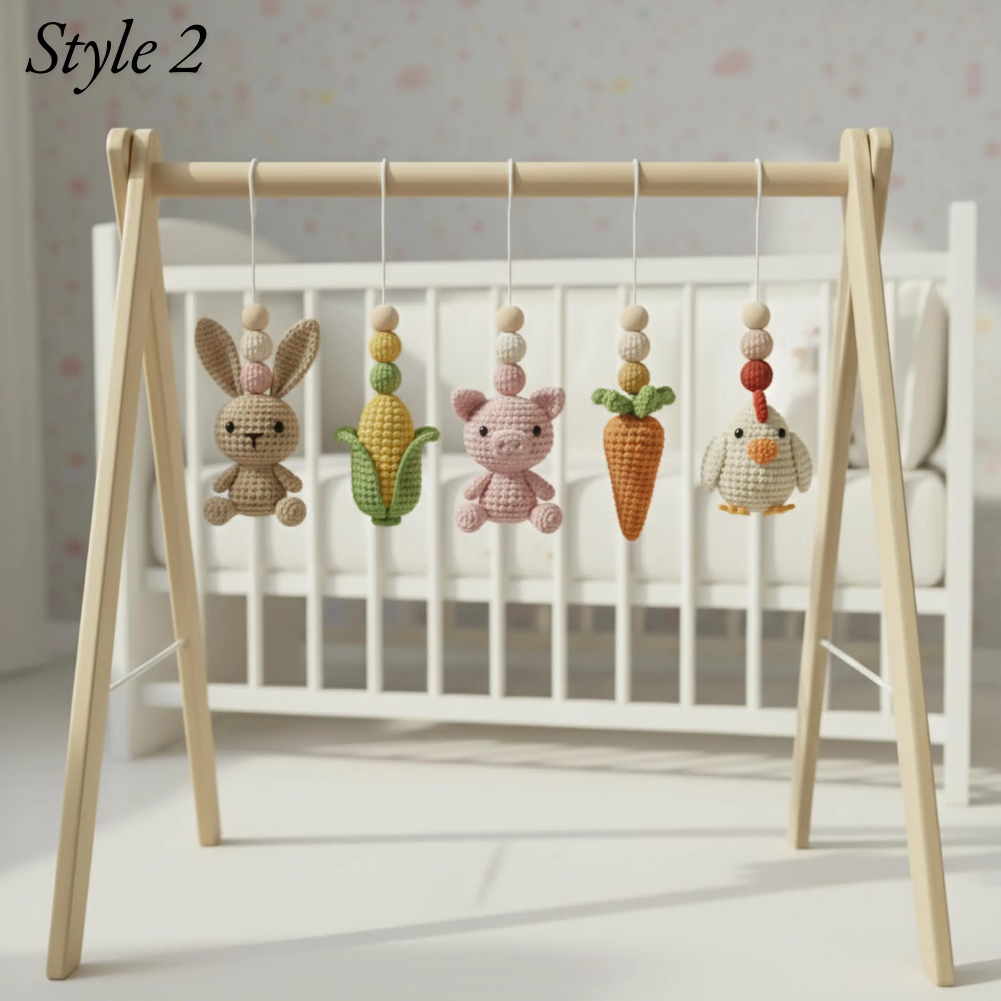 Handmade Custom Farm Theme Baby Gym, Wooden Baby Play Gym with Crochet Farm Animals, Montessori Activity Gym, Neutral Nursery Decor, Baby Shower Gift