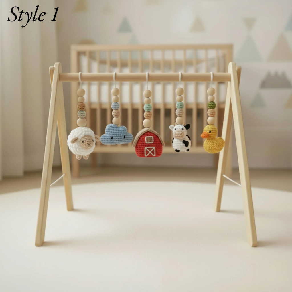 Handmade Custom Farm Theme Baby Gym, Wooden Baby Play Gym with Crochet Farm Animals, Montessori Activity Gym, Neutral Nursery Decor, Baby Shower Gift