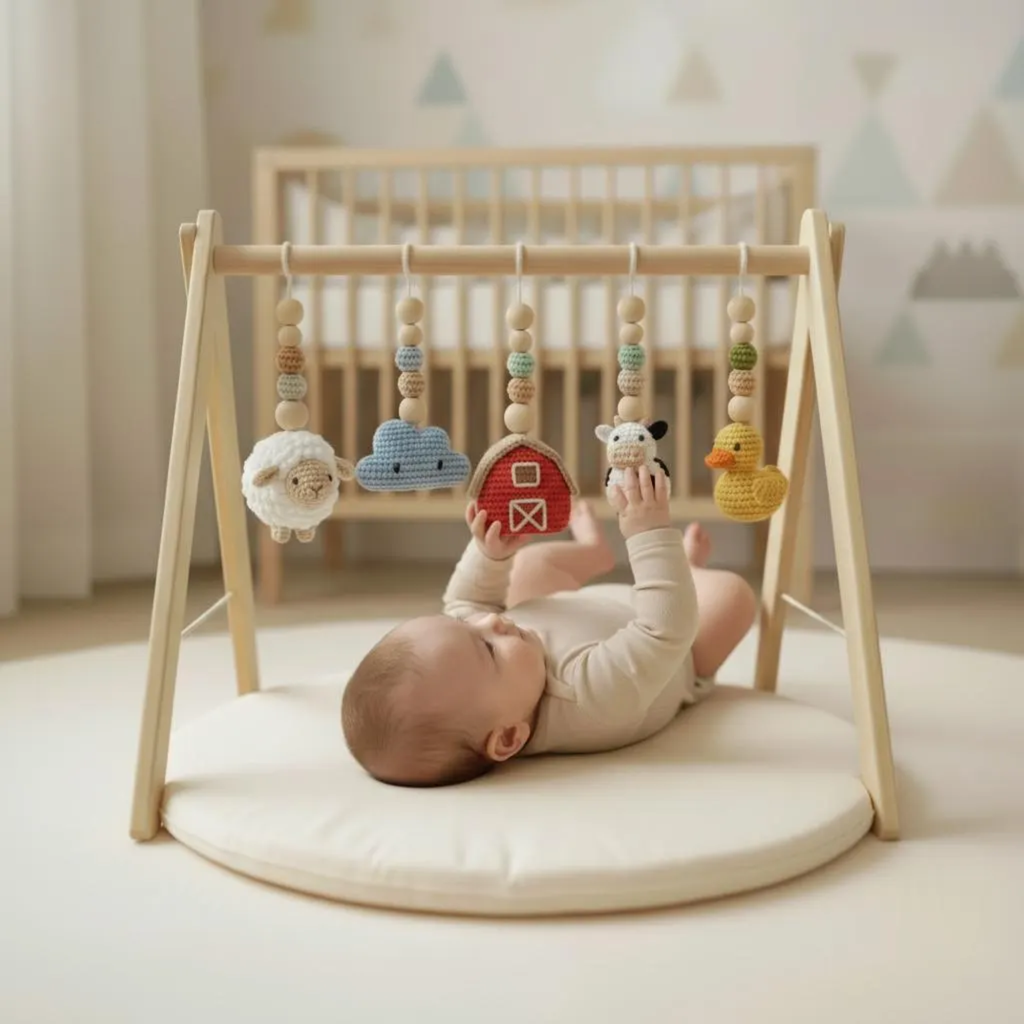 Handmade Custom Farm Theme Baby Gym, Wooden Baby Play Gym with Crochet Farm Animals, Montessori Activity Gym, Neutral Nursery Decor, Baby Shower Gift