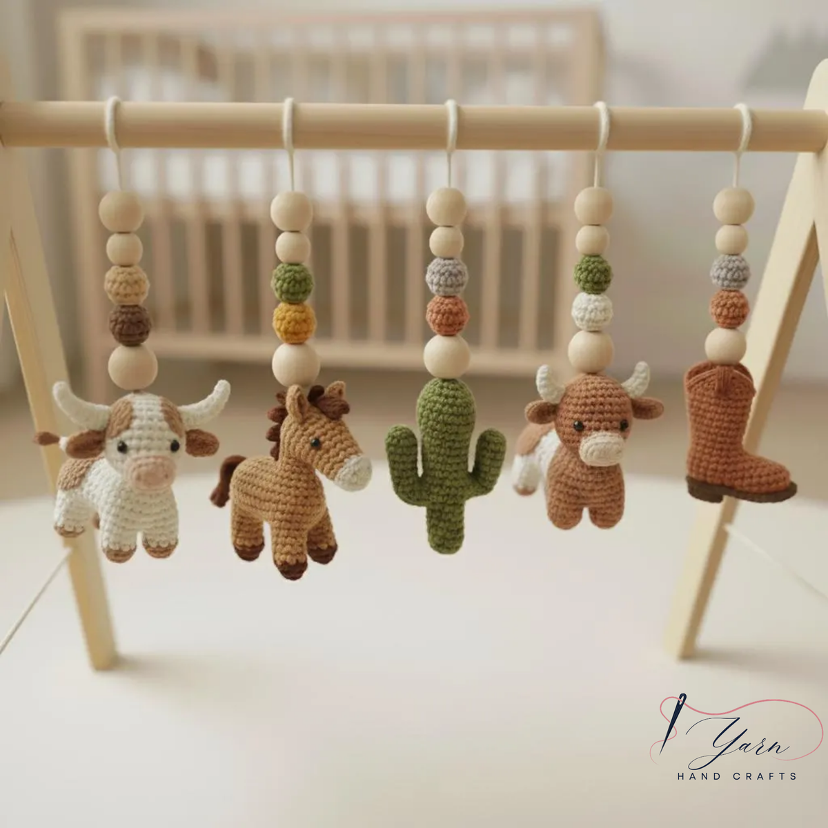 Western cowboy crochet baby gym toys with cow horse cactus bull and cowboy boot