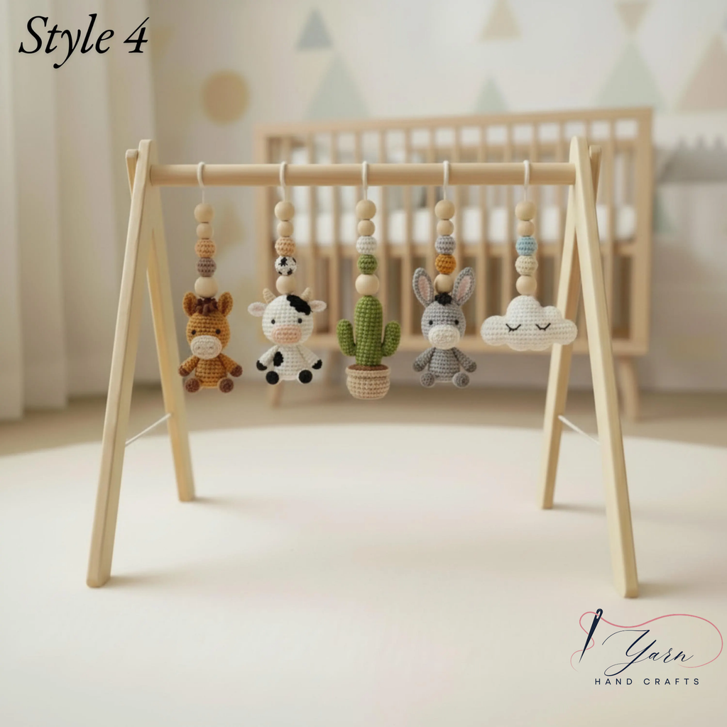 Western Baby Gym Wooden Play Gym with Crochet Cow Horse Cactus and Cowboy Boot | Montessori Baby Activity Gym | Western Nursery Decor