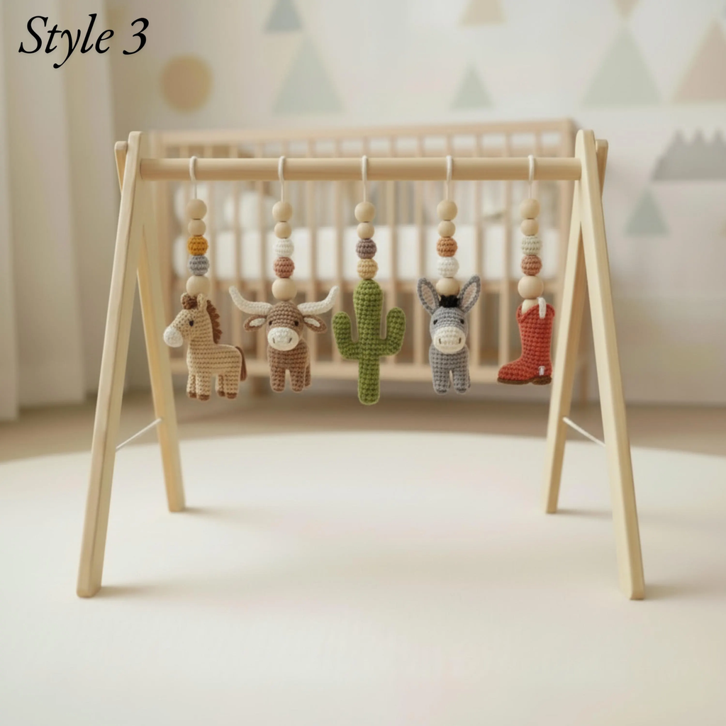 Western Baby Gym Wooden Play Gym with Crochet Cow Horse Cactus and Cowboy Boot | Montessori Baby Activity Gym | Western Nursery Decor