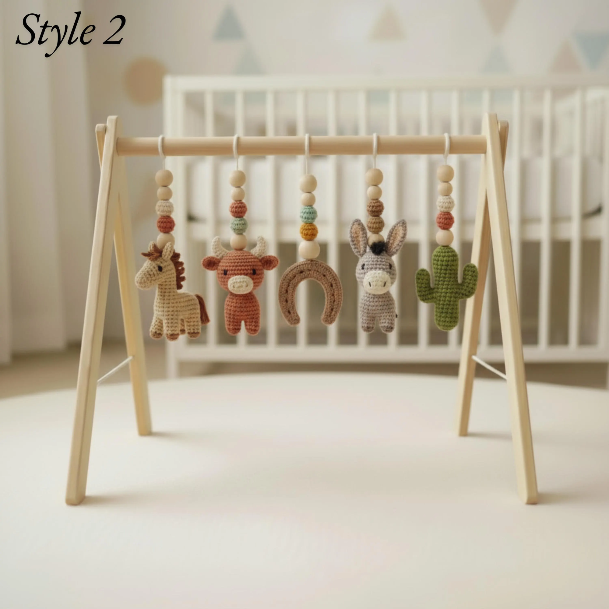 Western Baby Gym Wooden Play Gym with Crochet Cow Horse Cactus and Cowboy Boot | Montessori Baby Activity Gym | Western Nursery Decor