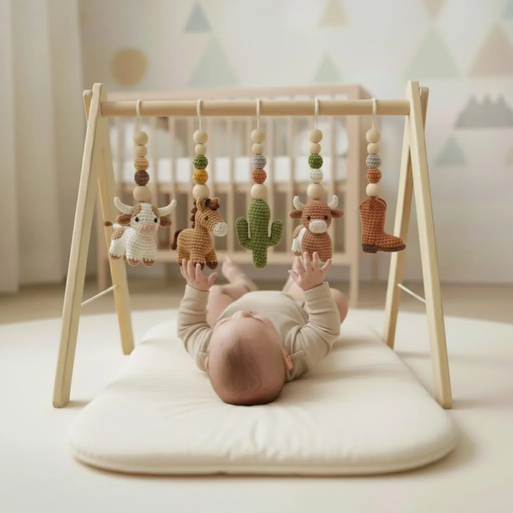 Western Baby Gym Wooden Play Gym with Crochet Cow Horse Cactus and Cowboy Boot | Montessori Baby Activity Gym | Western Nursery Decor