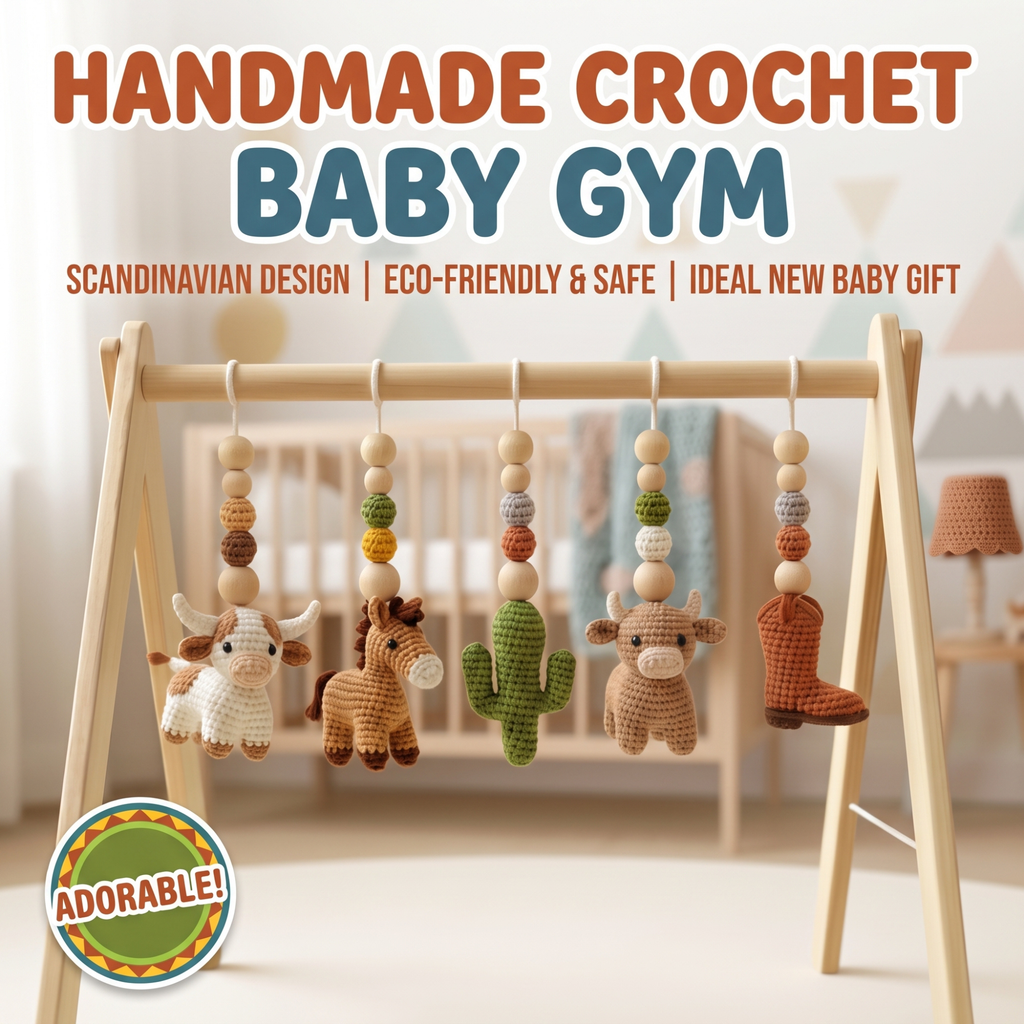 Western Baby Gym Wooden Play Gym with Crochet Cow Horse Cactus and Cowboy Boot | Montessori Baby Activity Gym | Western Nursery Decor