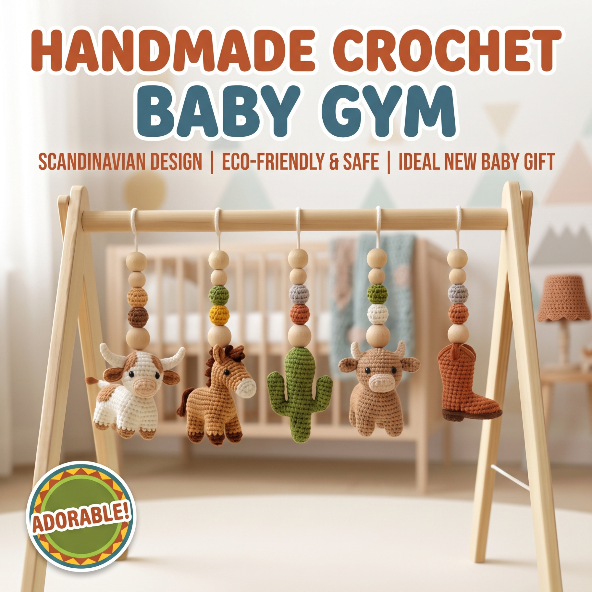 Western Baby Gym Wooden Play Gym with Crochet Cow Horse Cactus and Cowboy Boot | Montessori Baby Activity Gym | Western Nursery Decor
