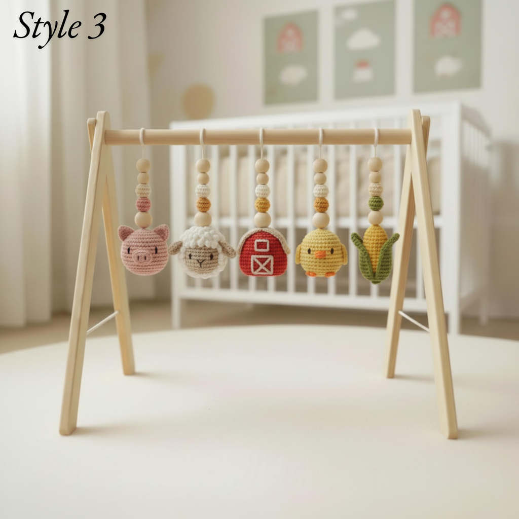 Montessori Baby Gym Farm Animals, Wooden Baby Play Gym with Crochet Cow Pig Tractor, Farm Nursery Decor, Neutral Baby Gift, Infant Toy
