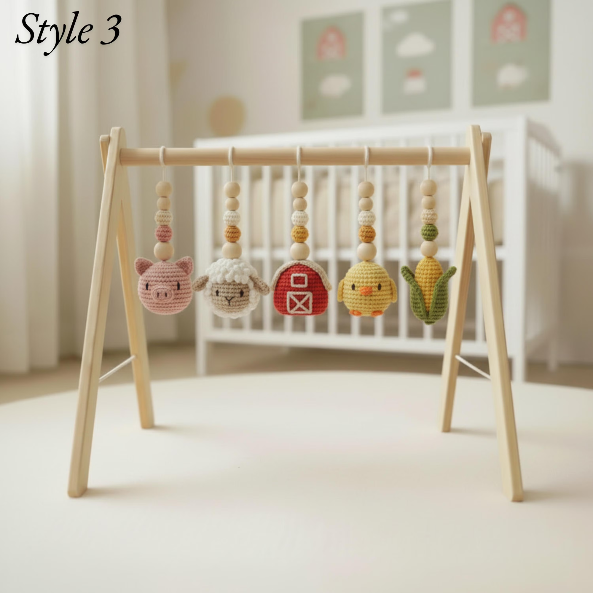 Montessori Baby Gym Farm Animals, Wooden Baby Play Gym with Crochet Cow Pig Tractor, Farm Nursery Decor, Neutral Baby Gift, Infant Toy